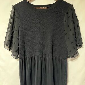 Belldini Black Smocked‎ Blouse with Floral Sheer Sleeves
